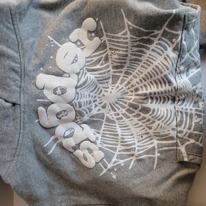 Spyder.Gray Graphic Hoodie with White Spiderweb and 'Spooky' Text